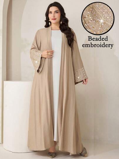 Al Najma Áo khoác cardigan dài tay thanh lịch màu trơn đính đá dành cho nữ cỡ lớn