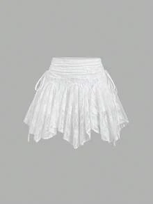 Sweetra 优雅蕾丝褶裥设计法式风情优雅春季新款不对称下摆女裙 - 白色 - 查看 1