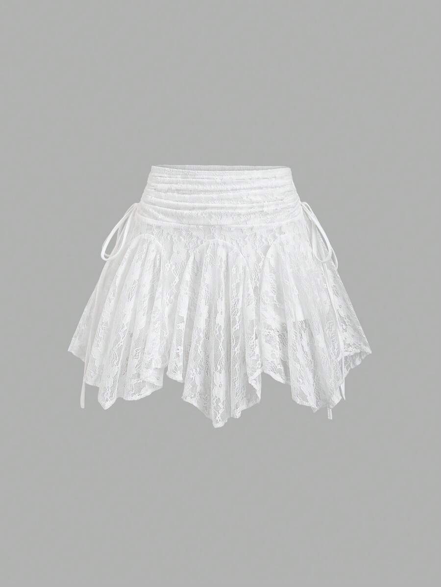 Sweetra 优雅蕾丝褶裥设计法式风情优雅春季新款不对称下摆女裙 - 白色 - 查看 1