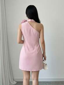 Modelyn Hot Pink Summer Elegant Birthday Party Mini Dress For Women,3D Rose Applique One Shoulder Neckline With Choker Strap,Fitted Bodycon Coquette Dress - Pink - View 2