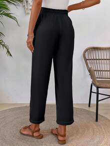 SHEIN LUNE Women's Summer Solid Color Patchwork Lace Drawstring Waist Long Pants - Black - View 2