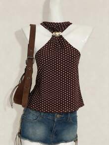 Sweetra 夏季可爱迷人波点印花露脐吊带背心，女士休闲装 - 棕色 - 查看 3