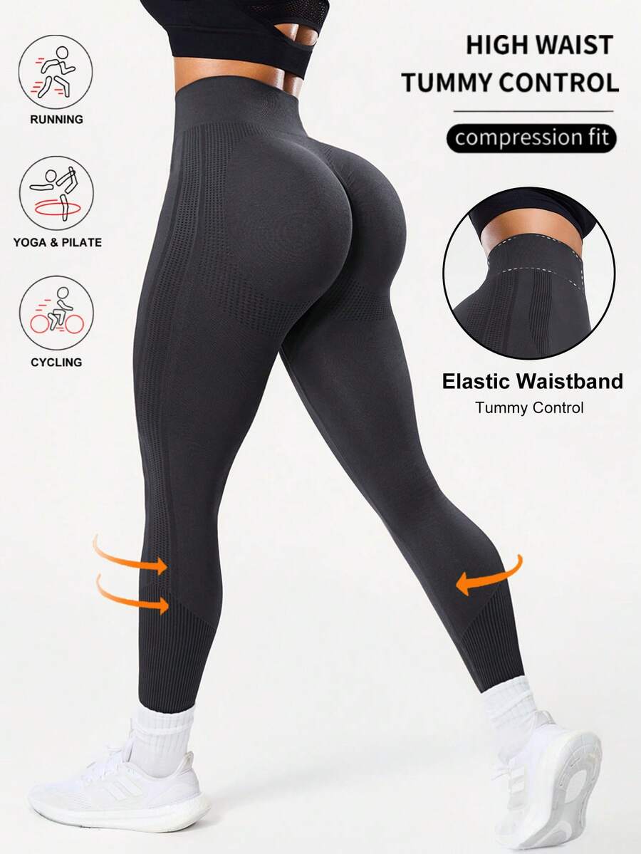 Seamluxe SHEIN Sport Hochbund einfarbige enge Yoga Leggings - Dunkelgrau - Übersicht 1