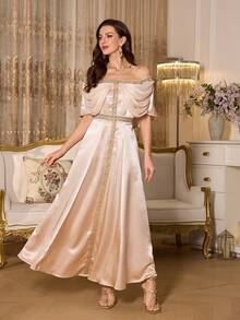 Selianne Women's Elegant Off-Shoulder Ruffle Decor Waist-Cinched A-Line Maxi Dress, Glossy Fabric Suitable For Banquet, Date, Party, Spring/Summer - Champagne - View 6