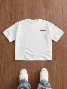 SWAVVY 男士白色常规版型纯棉T恤，半袖圆领，字母印花，街头时尚男士T恤，白色底红色图案，男士俱乐部街头服饰T恤，专业俱乐部衬衫，男士标语图案落肩T恤 - 白色 - 查看 4