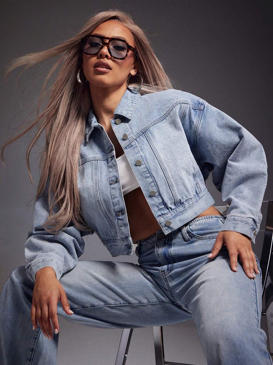 Denimoi Adjustable Cinched Waist Cropped Barrel Sleeve Denim Jacket Cropped Denim Jacket Fashionable - Light Wash - View 1