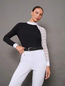 Activina Women's Lace Patchwork Stand Collar Casual Versatile Equestrian Long Sleeve Top - Black - View 6