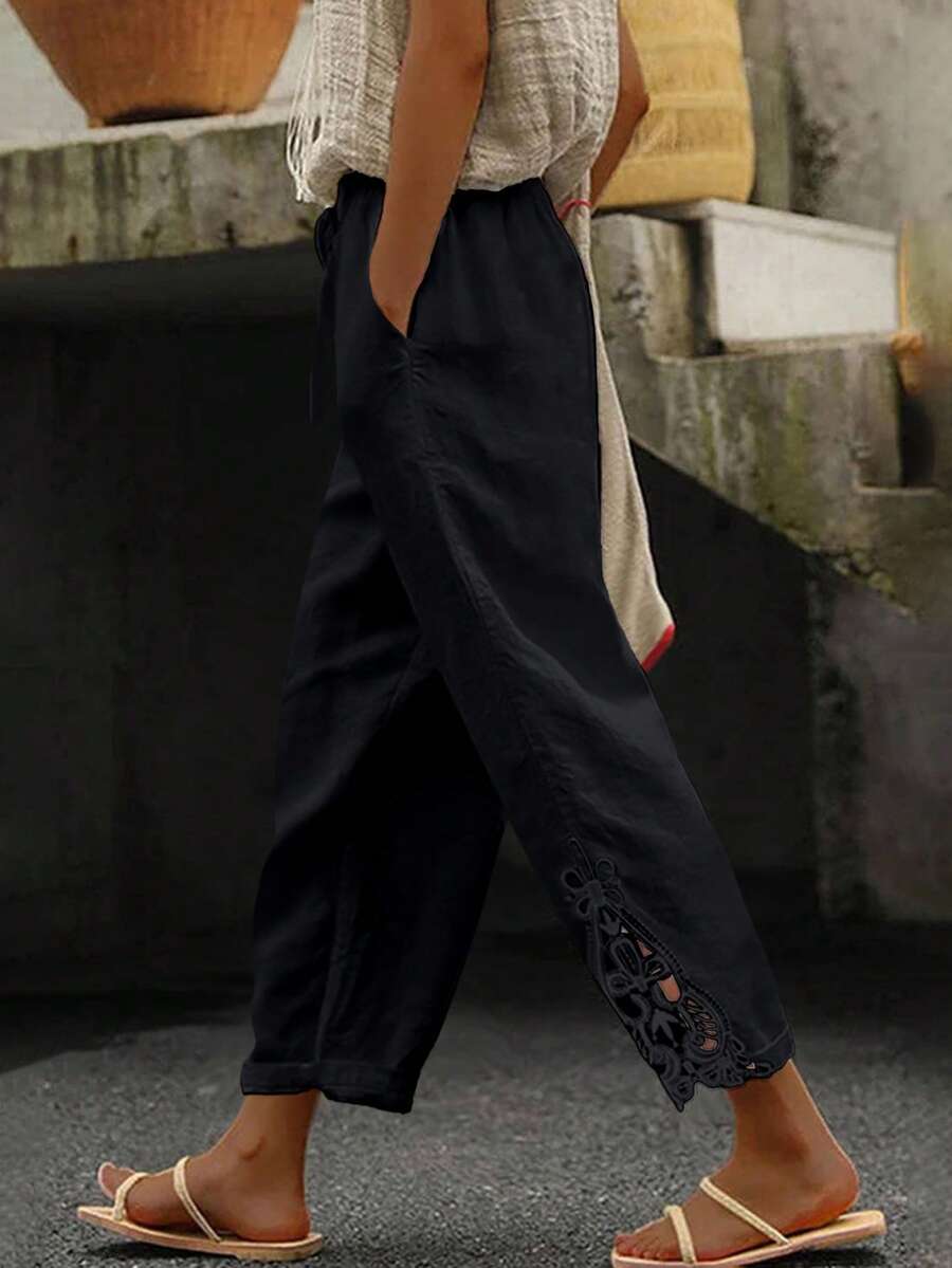 SHEIN LUNE Women's Summer Solid Color Patchwork Lace Drawstring Waist Long Pants - Black - View 1