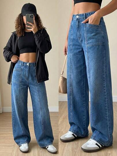 Jeans de pierna ancha para adolescentes, tela cómoda de azul lavado clásico + cintura elástica + cierre con cremallera, diseño casual y simple de bolsillos delanteros en diagonal, silueta de pierna ancha que favorece las piernas, elegante y lindo. Adecuado para salidas diarias, casual de campus, viajes de fin de semana, temporada de vuelta al colegio, vacaciones, etc. ¡Aportando moda y vitalidad a cada día!