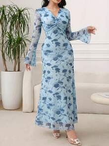 Modelyn 女士V领扭结长款修身喇叭袖连衣裙，春夏款 - 藍色 - 查看 5