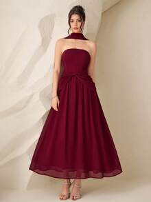 Modelyn Women's Elegant Strapless Ruffle Trim Slim Fit Dress - Burgundy - View 3