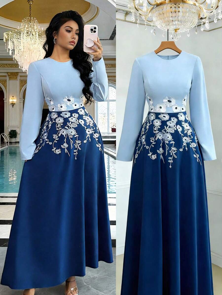 Rafferiza Đầm thêu thanh lịch và duyên dáng với dáng chữ A, cổ tròn, tay dài, eo thắt, thích hợp cho các bữa tiệc và dịp lễ, mùa xuân/hè. - Màu xanh lam - Xem 1