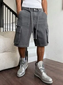 Manfinity EMRG 男士休闲多口袋抽绳腰灰色牛仔短裤，街头风 - 深灰色 - 查看 1