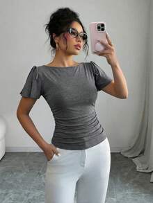 Elenzga 深灰色圆领荷叶袖收腰T恤，时尚休闲日常办公穿着，春夏女装 - 灰色 - 查看 4