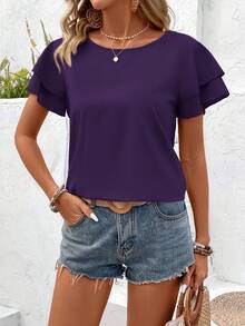 EMERY ROSE Women's Simple Casual Solid Color Round Neck Ruffle Sleeve Blouse, Summer Office Dark Purple - Mauve Purple - View 5