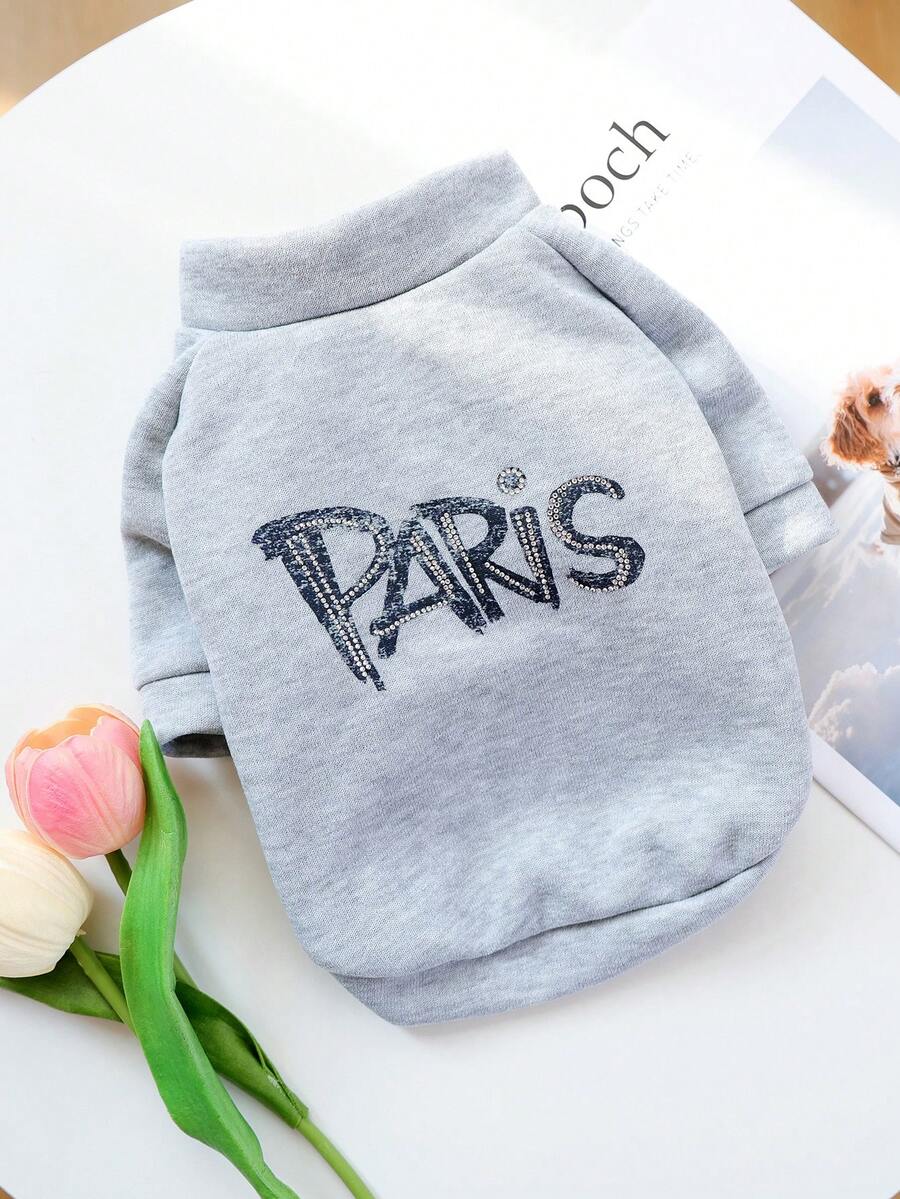 PETSIN 1件猫狗通用服装，时尚“巴黎”水钻宠物衣服，灰色小型犬柔软套头衫 - 灰色 - 查看 1