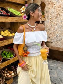 Selianne Women's Ruffle Off-Shoulder Tight Fitting Casual Top, Suitable For Vacation And Daily Wear, Spring/Summer - White - View 4