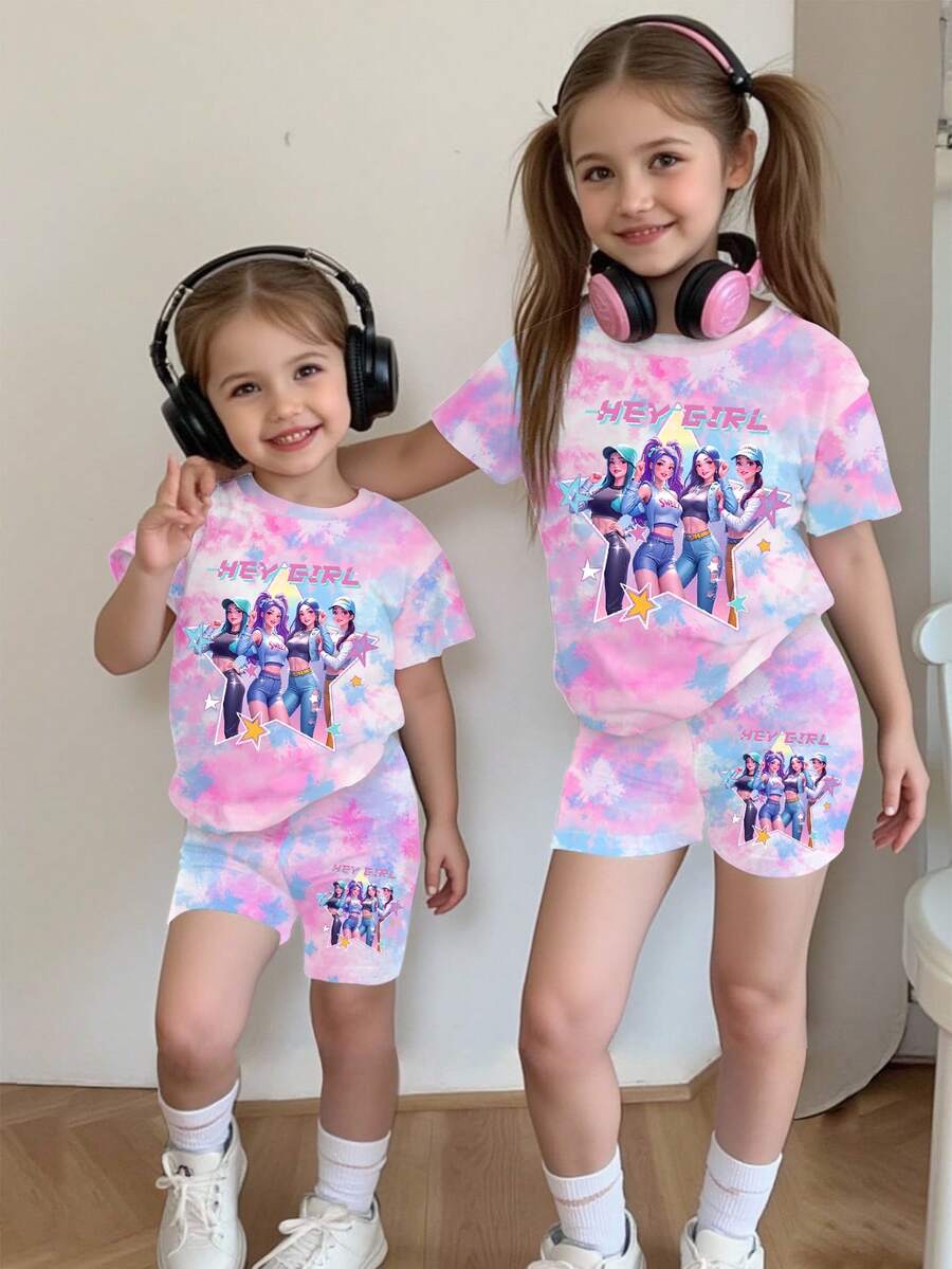 1 Set Young Girls Casual Cute Cartoon K-POP Girl Tie-Dye Print Short Sleeve Crew Neck T-Shirt And Shorts Set, Suitable For Outdoor Wear In Summer - Multicolor - View 1