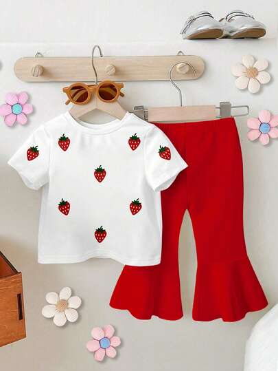 1 Set Baby Girls Casual Fashionable Cute Sweet Strawberry Fruit Print Round Neck Short Sleeve T-Shirt And Flare Pants Outfit
