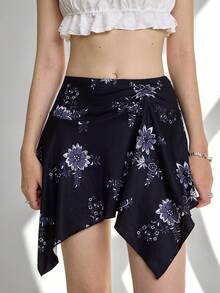Ardnt American Chic Printed Pleated Skirt, Asymmetrical Hem Design, Flattering Silhouette, Casual & Fashionable For Summer - Black - View 5