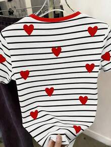 Tween Girl Casual Fashionable Classic Striped & Heart Print Contrast Trim Crew Neck Short Sleeve T-Shirt, Summer - Multicolor - View 2