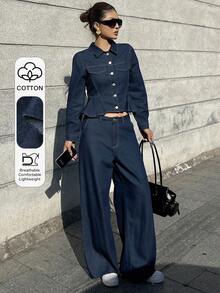 DAZY 女士休闲水洗牛仔上衣和裤子套装 - 藍色 - 查看 1