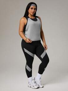 Rhythm Era Plus Size Women 3pcs Set: Solid Color Round Neck Tank Top + Letter Print Tank Top + Colorblock Leggings Sports Suit - Multicolor - View 4