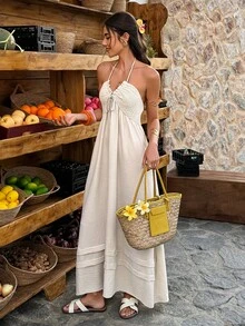 Selianne Apricot Halter Neck Cami Maxi Dress - Hollow-Out Fabric Paneled, For Bohemian Vacation, Daily Outings & Parties, Women's Spring & Summer Dress - Apricot - View 5