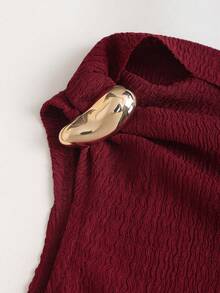 Sweetra Women's Elegant Metal Decor Asymmetrical Shoulder Summer Dress - Burgundy - View 4