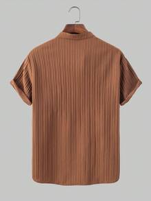 EGENSIO 男士简约纯色立领纽扣短袖衬衫，夏季款 - 咖啡棕 - 查看 2