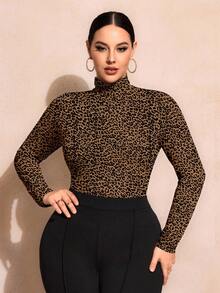 SHEIN SXY Vintage Leopard Print Plus Size High Neck T-Shirt, Suitable For Music Festival - Multicolor - View 5