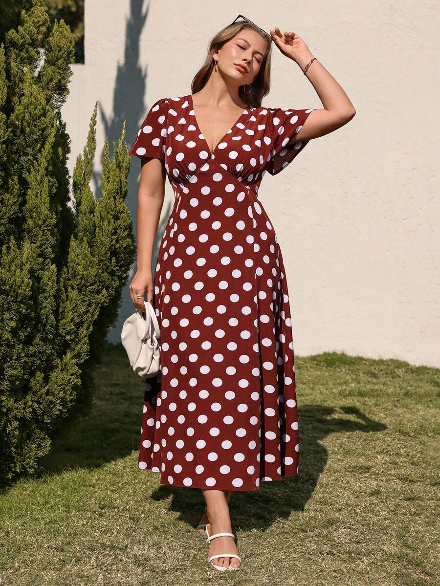 Juhart 大波点深V荷叶袖度假连衣裙 - 咖啡棕 - 查看 1