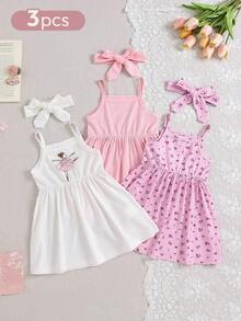 SHEIN 3件套女婴白色、粉色、紫色碎花系带吊带连衣裙，针织罗纹弹力短裙，休闲可爱乡村风无袖背带连衣裙配发带，适合夏季日常外出、旅行、度假、摄影 - 彩色 - 查看 3
