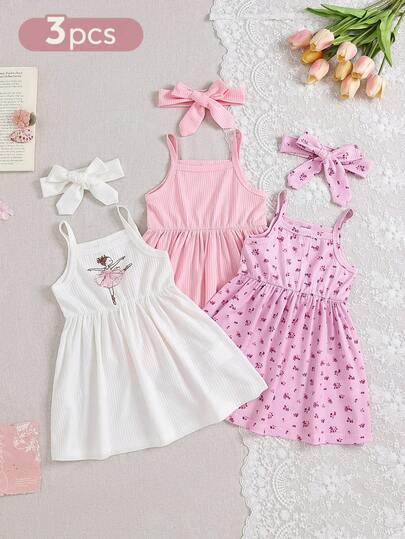 SHEIN 3件套女婴白色、粉色、紫色碎花系带吊带连衣裙，针织罗纹弹力短裙，休闲可爱乡村风无袖背带连衣裙配发带，适合夏季日常外出、旅行、度假、摄影