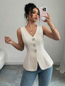 Elenzga 女士春夏通勤款前扣休闲金属装饰西装外套 - 杏色 - 查看 5