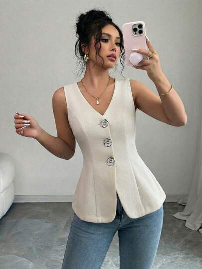 Elenzga Women's Spring/Summer Commuter Front Button Casual Metal Decor Blazer Jacket