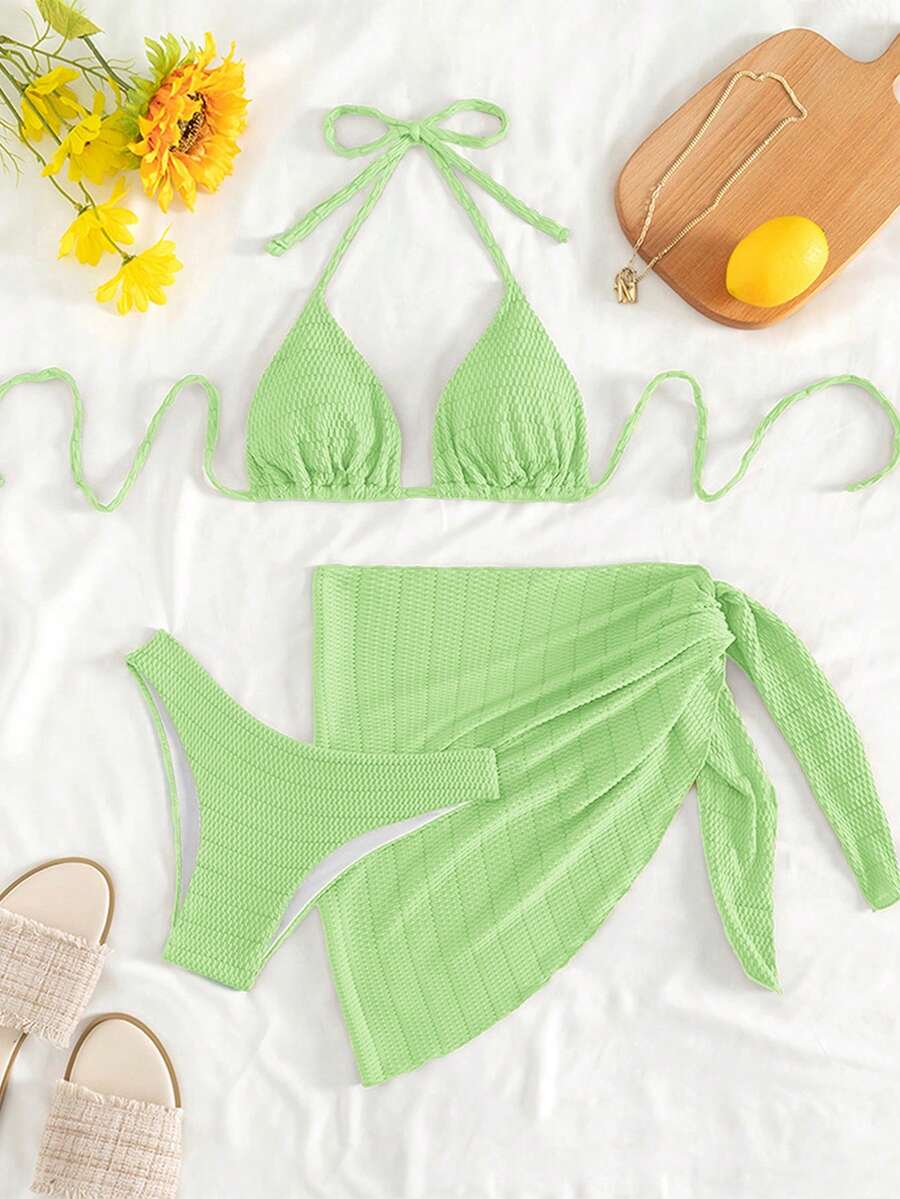 Swim Mod Solid Color Halter Tie Front Bikini Set With Tie Waist Skirt - Green - View 1