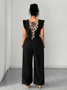 SHEIN Elenzya Women's Round Neck Backless Leopard Print Tie Waist Flutter Sleeve Jumpsuit, Casual/Holiday/Date/Commute Loose Wide Leg Pants Women's Jumpsuits Elegant Jumpsuits Palazzo Jumpsuit Sleeveless Jumpsuit Black Jumpsuit Flare Jumpsuit - Black - View 2