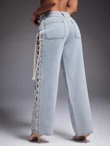 Denimoi Low Rise Lace Up Side Jeans Low Rise Jeans Sexy Jeans Fashionable Streetwear Concert Outfits - Light Wash - View 5