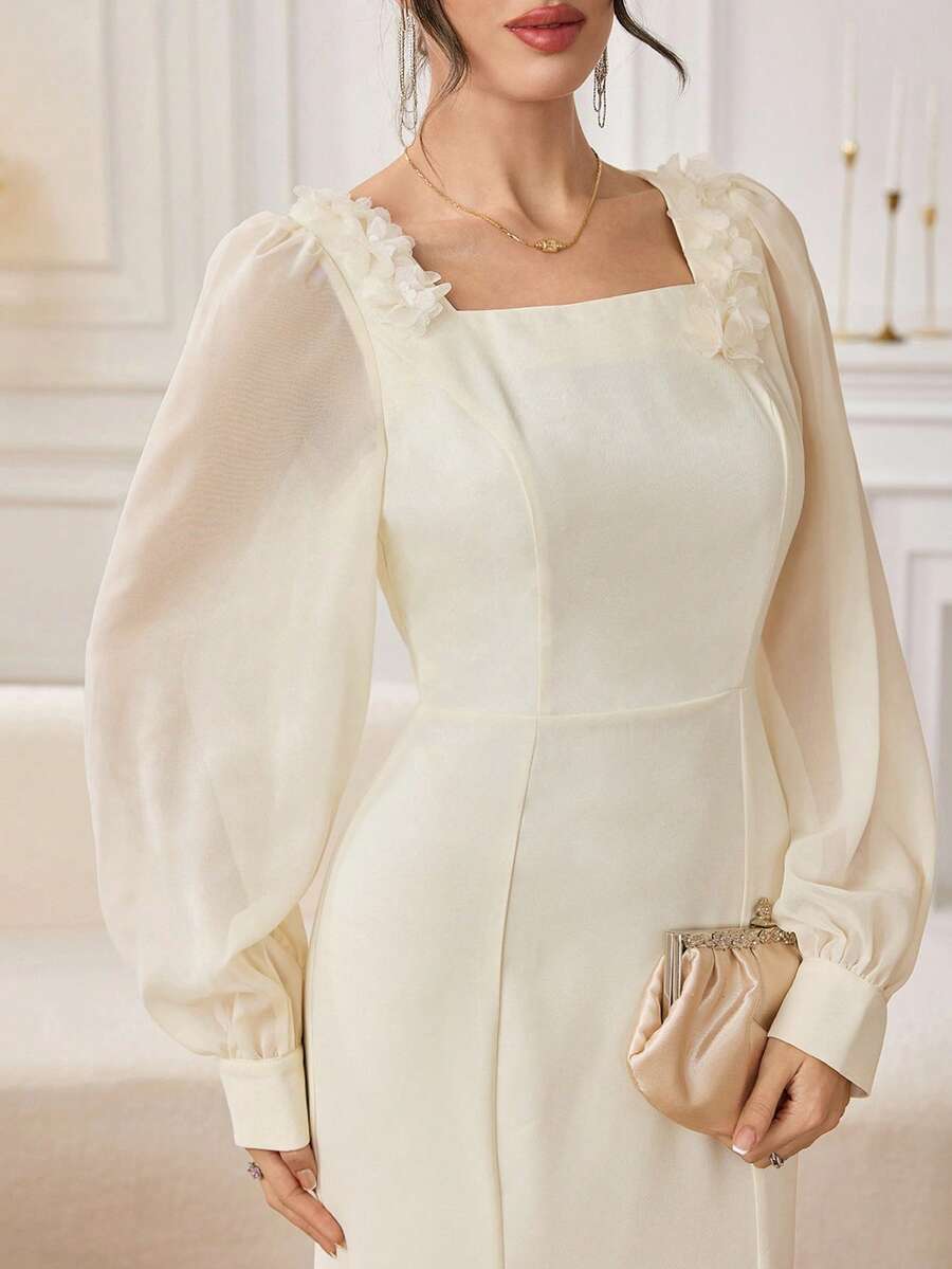 Modelyn 优雅方领3D立体印花杏色连衣裙，适合外出穿着 - 杏色 - 查看 1