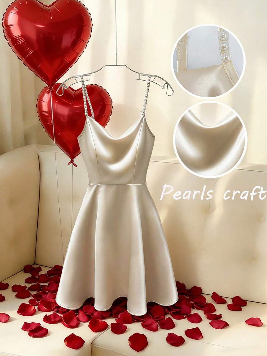Franclia Đầm Cami cổ chữ V khoét sâu màu trơn thanh lịch dành cho nữ, đính ngọc trai. - Màu be - Xem 1