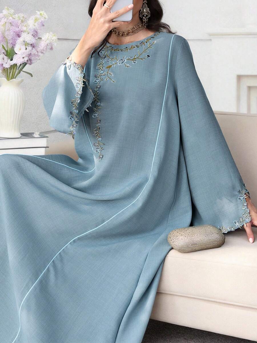 SHEIN Najma Embroidered Floral Trim Patchwork Long Sleeve Maxi Dress, Turkish & Arabic Traditional Style