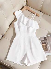 SHEIN Sparklyn Elegant Asymmetric Ruffle Design Metal Button Jumpsuit, Suitable For Teen Girls, Spring/Summer, Commuting - White - View 2