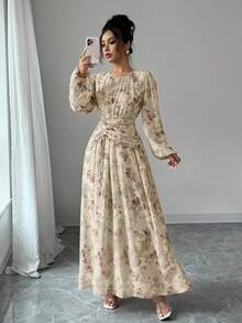 Modelyn 女士夏季雪纺蝴蝶印花褶皱圆领长袖连衣裙 - 卡其色 - 查看 4