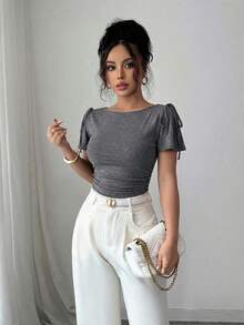 Elenzga 深灰色圆领荷叶袖收腰T恤，时尚休闲日常办公穿着，春夏女装 - 灰色 - 查看 5