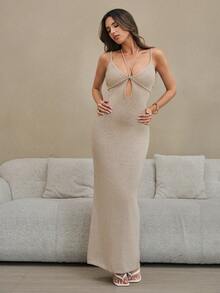 HautHeat Women's Sexy Minimalist Solid Color Hollow Out Spaghetti Strap Bodycon Slip Dress, Summer Loungewear - Apricot - View 5