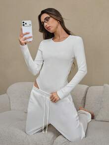 HautHeat Women's Minimalist Solid White Long Sleeve Fitted Jumpsuit Pajamas, Spring/Autumn - White - View 6