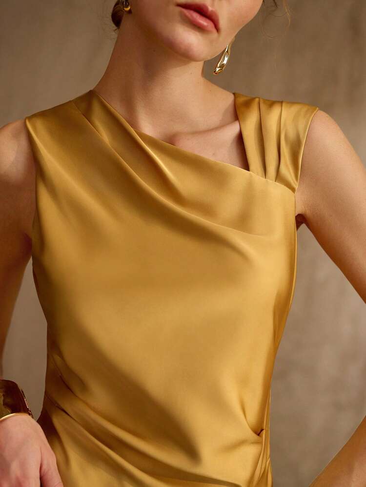 ELEGANT SLEEVELESS ASYMMETRIC COLLAR FITTED DRESS, VINTAGE STYLE, SUITABLE FOR PARTY AND GATHERING, SPRING/SUMMER