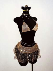 SHEIN Jeanoir Women's Sexy Mini Skirt, Fishnet Inlaid With Rhinestones, Shiny And Suitable For Party Outfits - Champagne - View 1