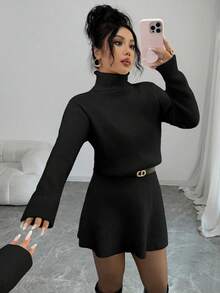 SHEIN Elenzya 两件套：优雅通勤白色翻领长袖落肩针织衫和半身裙，秋冬款 - 黑色 - 查看 4